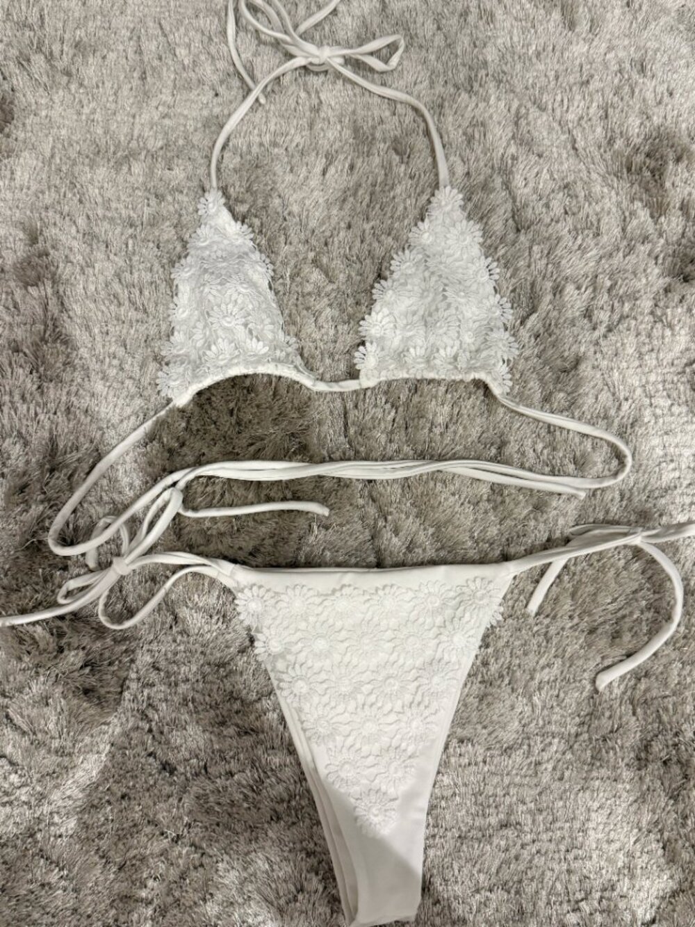 White Floral Lace Triangle Bikini Set | XS | Tie Side & Halter